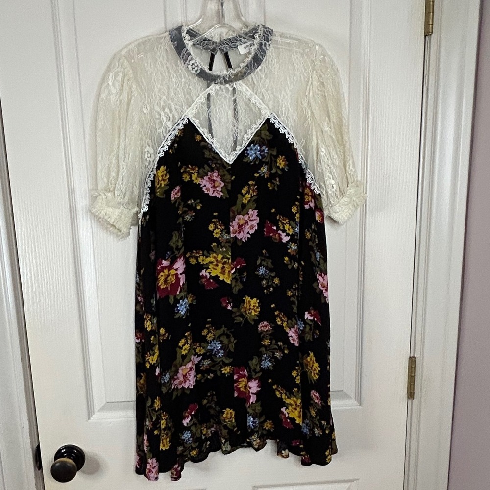 Umgee USA Floral Lace Dress Women's Size L Black Pink Yellow Cottagecore